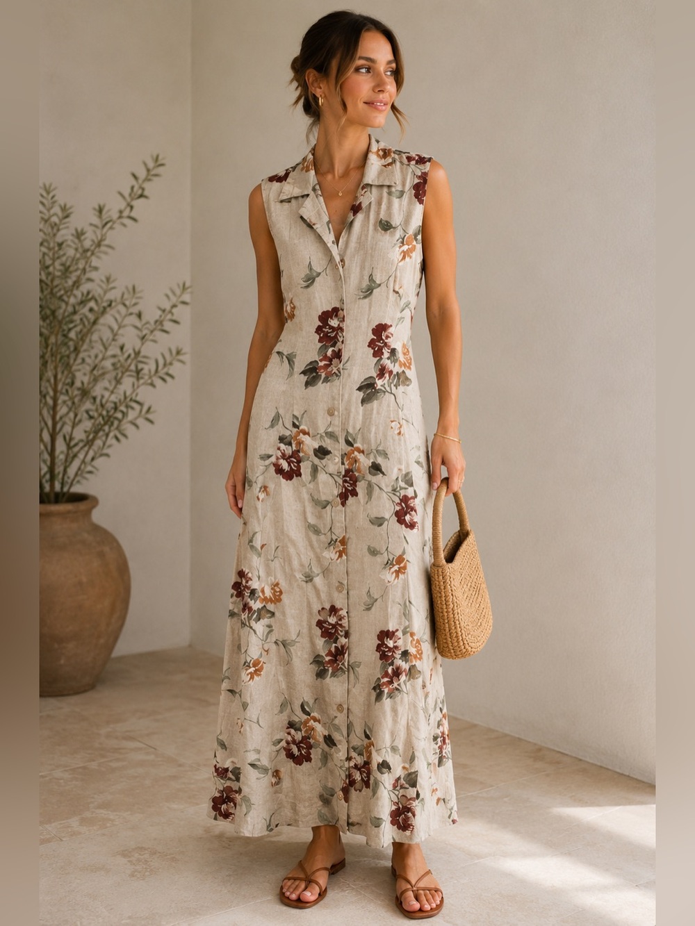 Vintage Sheri Martin Sleeveless Floral Maxi Dress linen blend